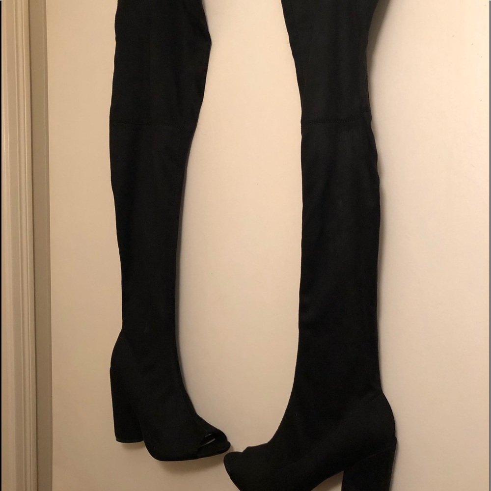 Black thigh high open toe chunky boot NWOT